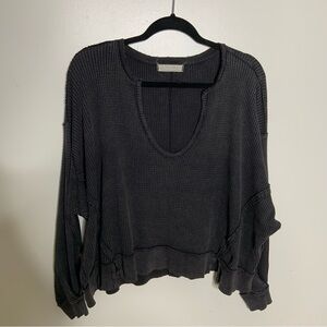 We The Free Dark Gray Waffle Knit Sweatshirt Deep V-Neck Long Sleeve XS